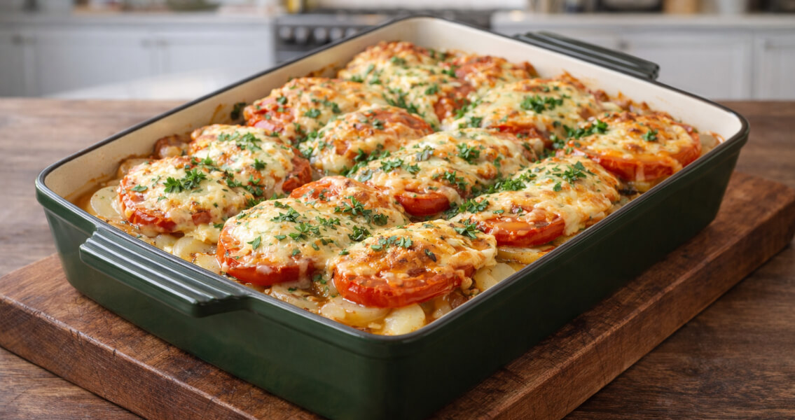 Мясо по-французски с картофелем, помидорами и сыром