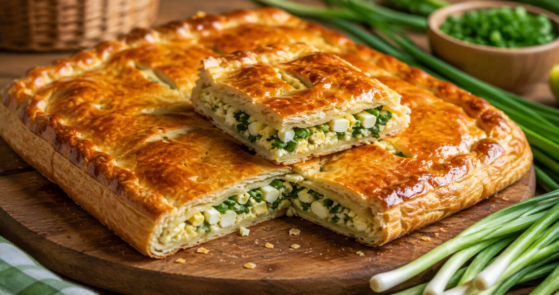 Слоеный пирог с луком и яйцом