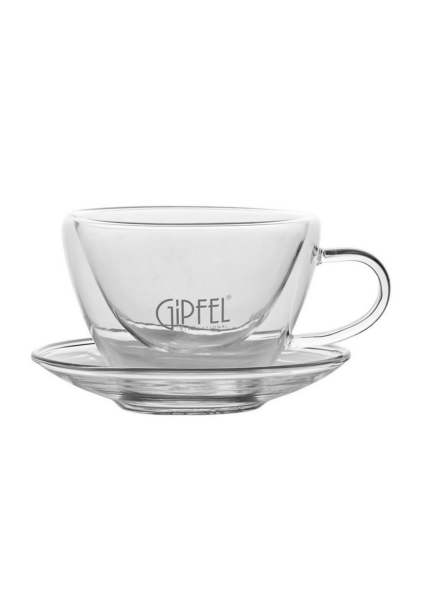 картинка 7148 GIPFEL Чашка с ручкой стеклянная, с двойными стенками и блюдцем 75мл. Материал: боросиликатное стекло от магазина Gipfel