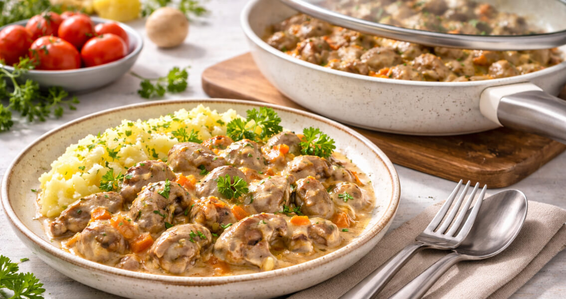 Куриные желудки в сметанном соусе на сковороде