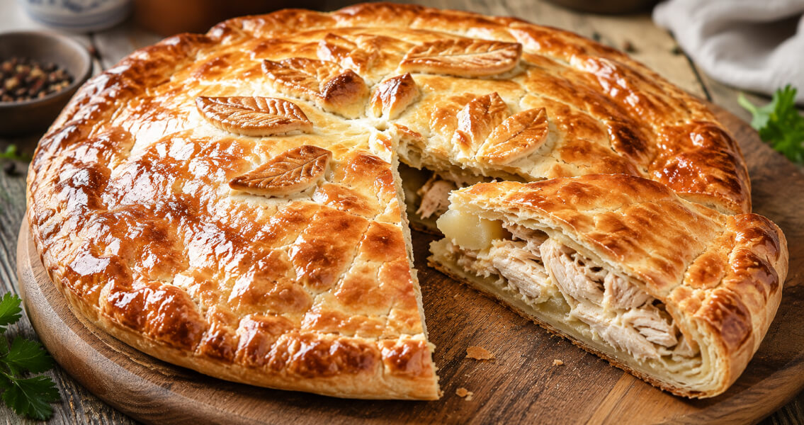 Домашний курник на кефире с курицей и картофелем