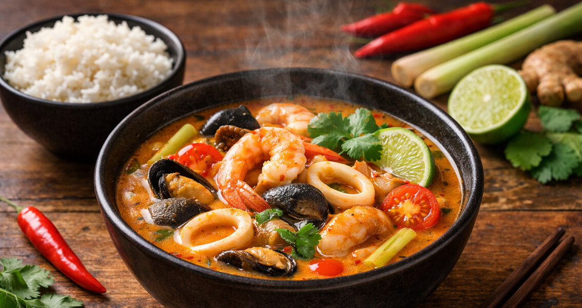 Тайский суп том ям с морепродуктами и кокосовым молоком