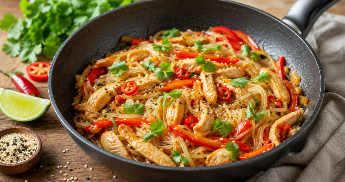 Лапша фунчоза с курицей и овощами - яркий ужин в азиатском стиле
