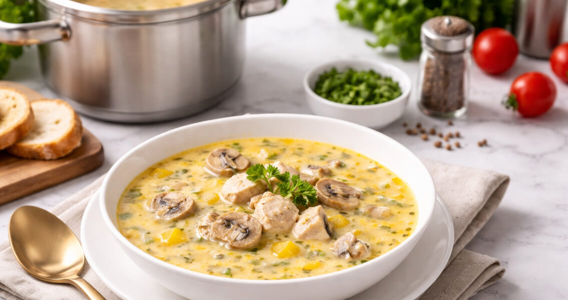 Куриный суп с плавленым сыром и шампиньонами