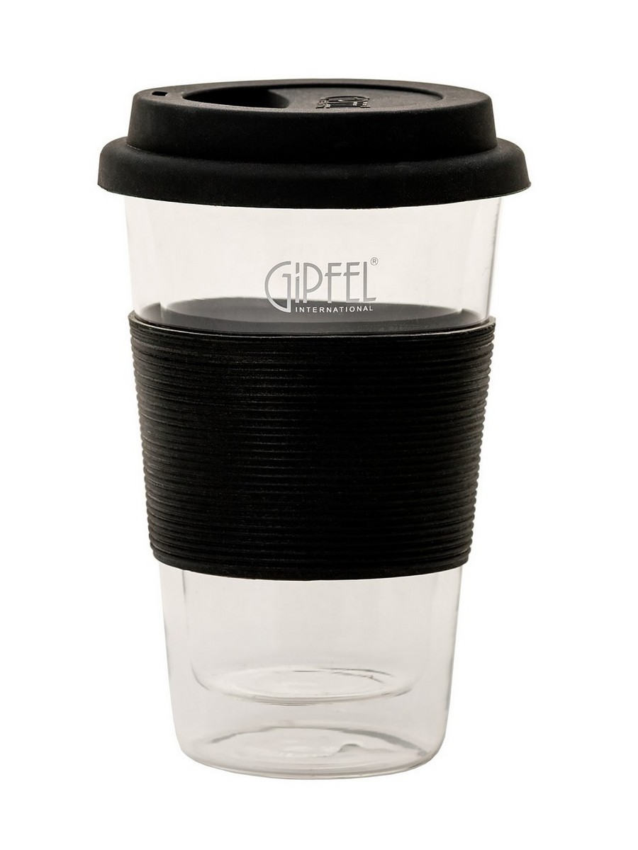 картинка 7149 GIPFEL Стакан кофейный с двойными стенками 300мл, силиконовой крышкой и держателем. Материал: боросиликатное стекло. Цвет: черный. от магазина Gipfel