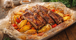 Свиные рёбрышки с картошкой, запечённые в рукаве